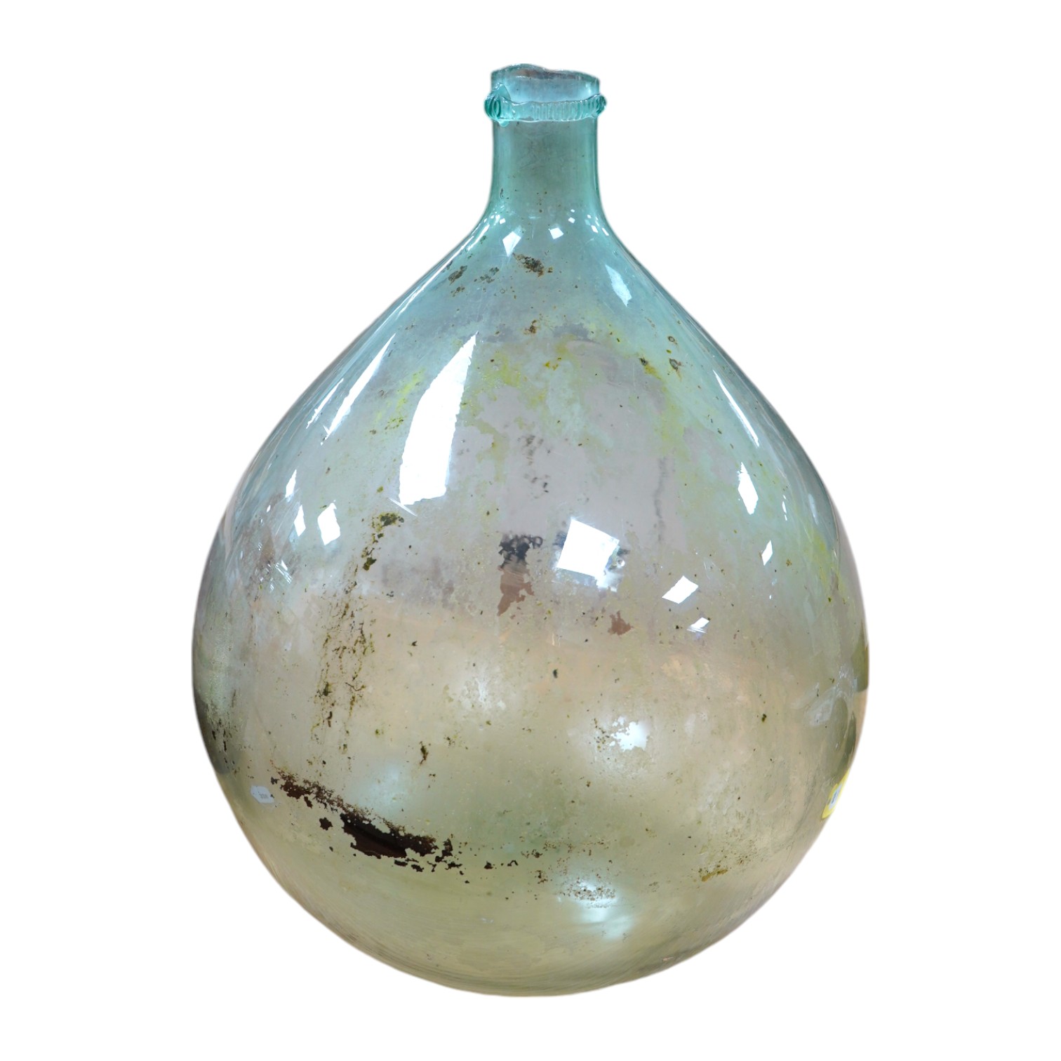 A large glass globular bottle, 48cm high. Condition - poor, significant staining and chipping to rim.